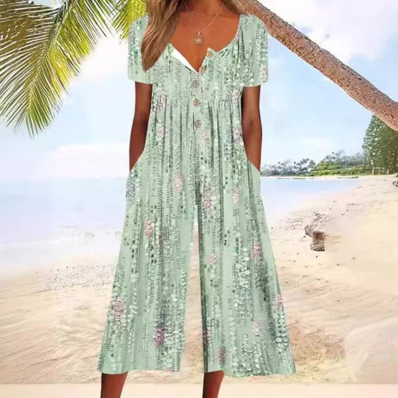Short Sleeve Cotton Culotte Jumpsuit with Button Front