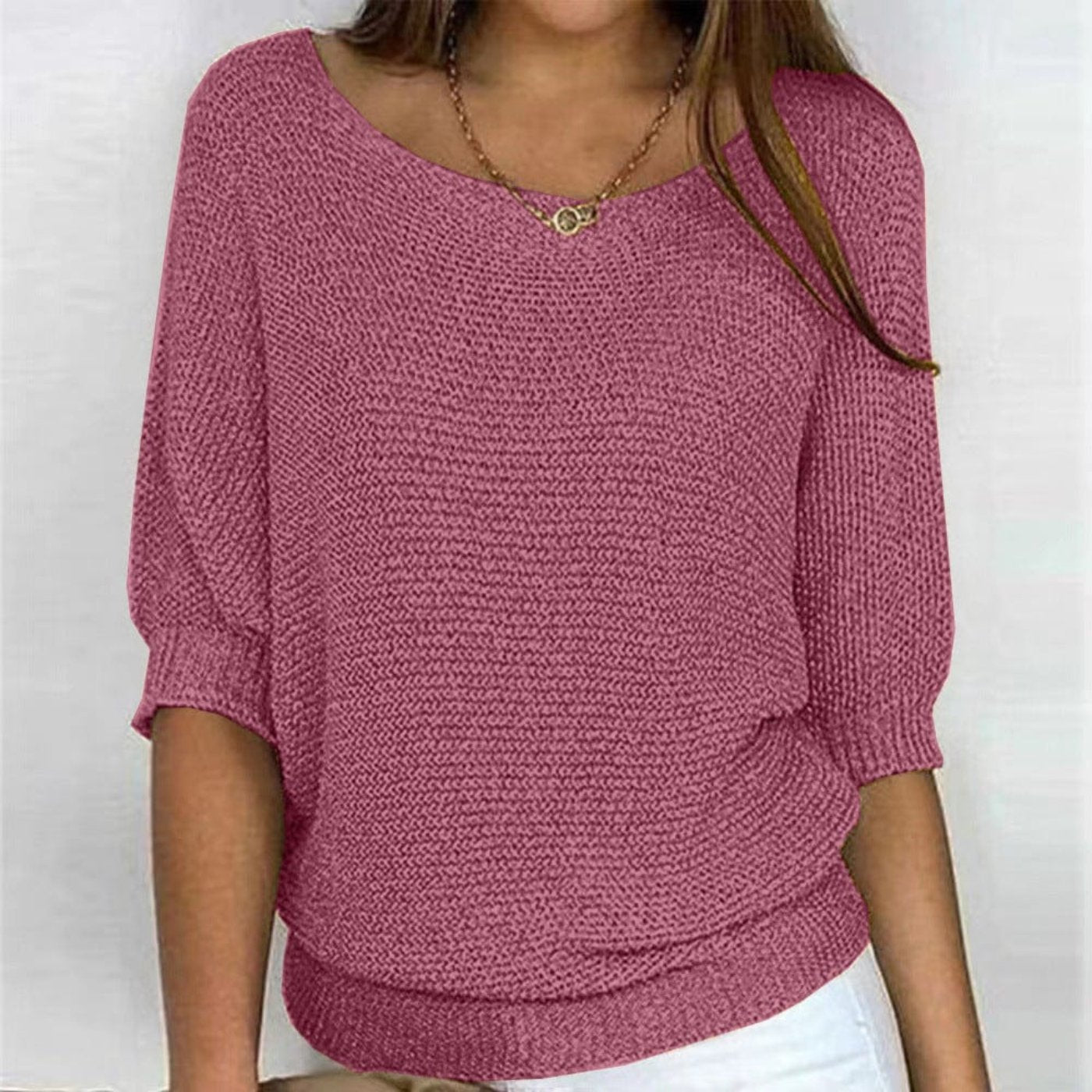 Relaxed 3/4 Sleeve Knit Jumper in Cotton Blend
