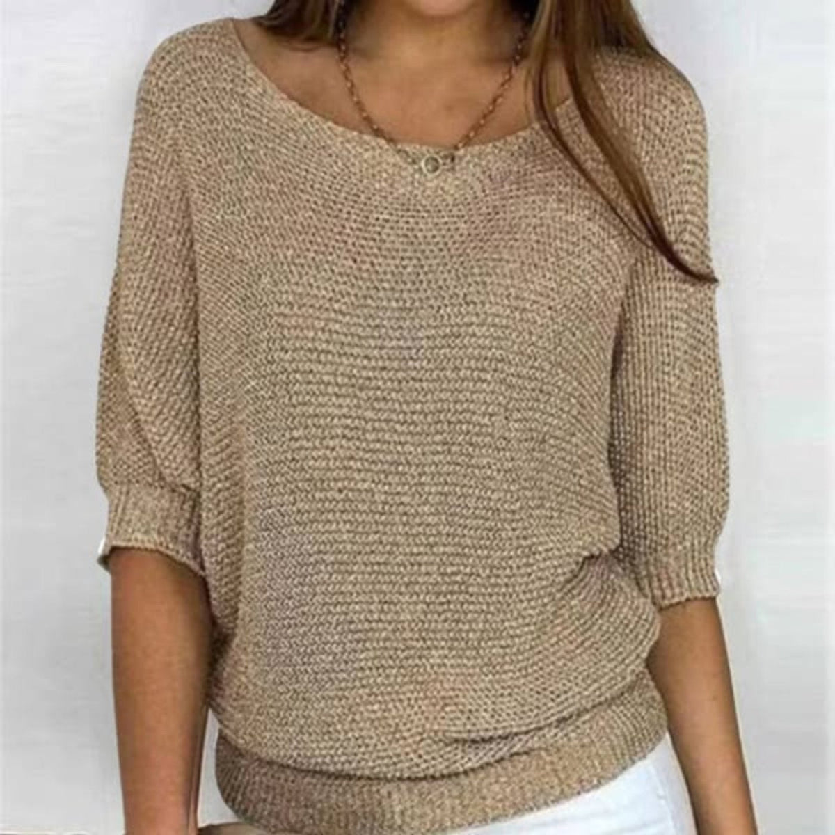 Relaxed 3/4 Sleeve Knit Jumper in Cotton Blend