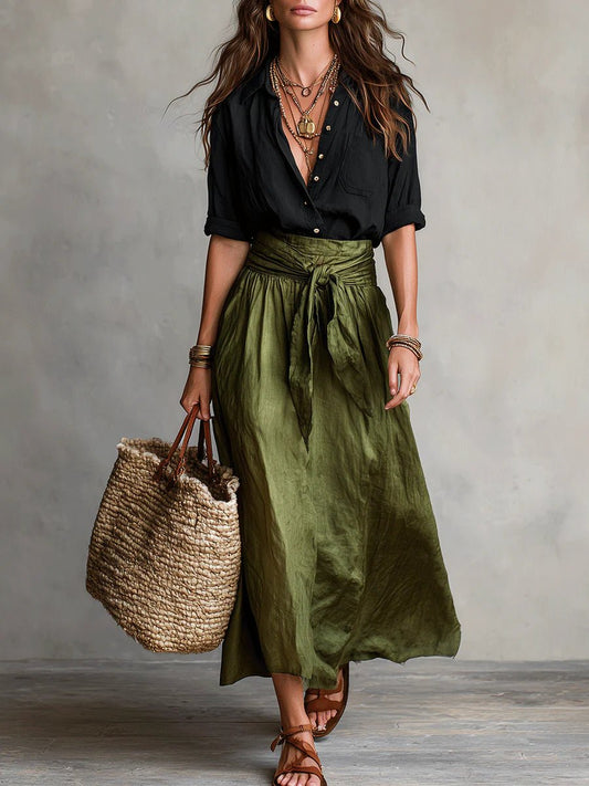 Button-Front Blouse and Maxi Skirt Two-Piece Set