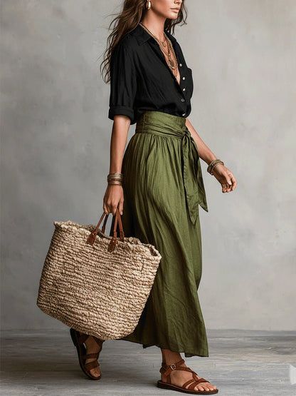 Button-Front Blouse and Maxi Skirt Two-Piece Set