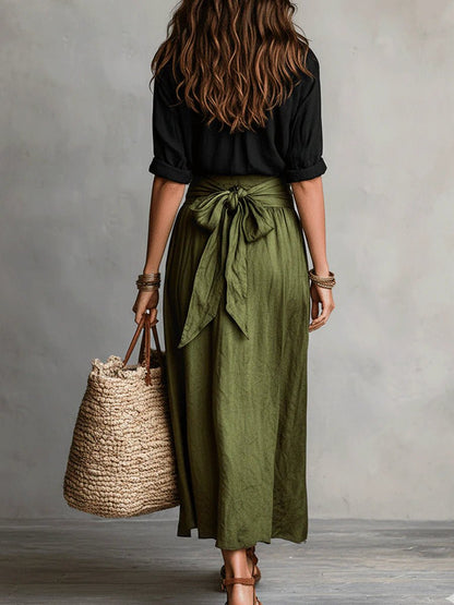 Button-Front Blouse and Maxi Skirt Two-Piece Set