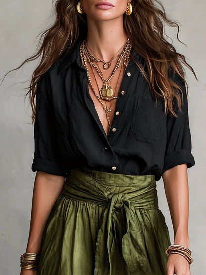 Button-Front Blouse and Maxi Skirt Two-Piece Set
