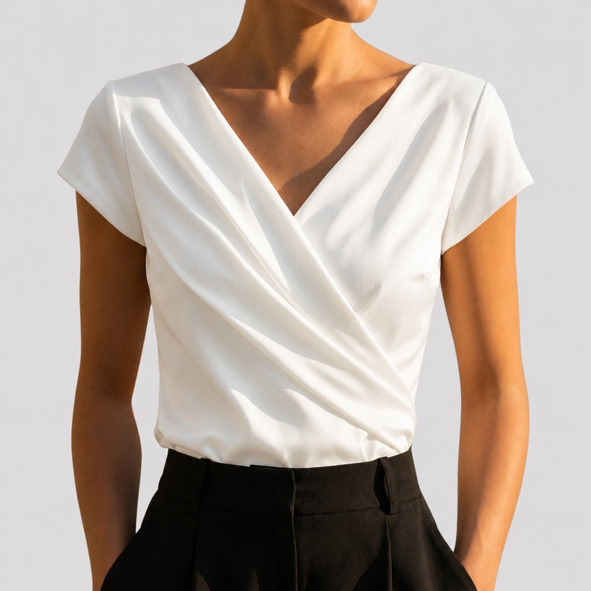 Cap Sleeve Draped Wrap Blouse