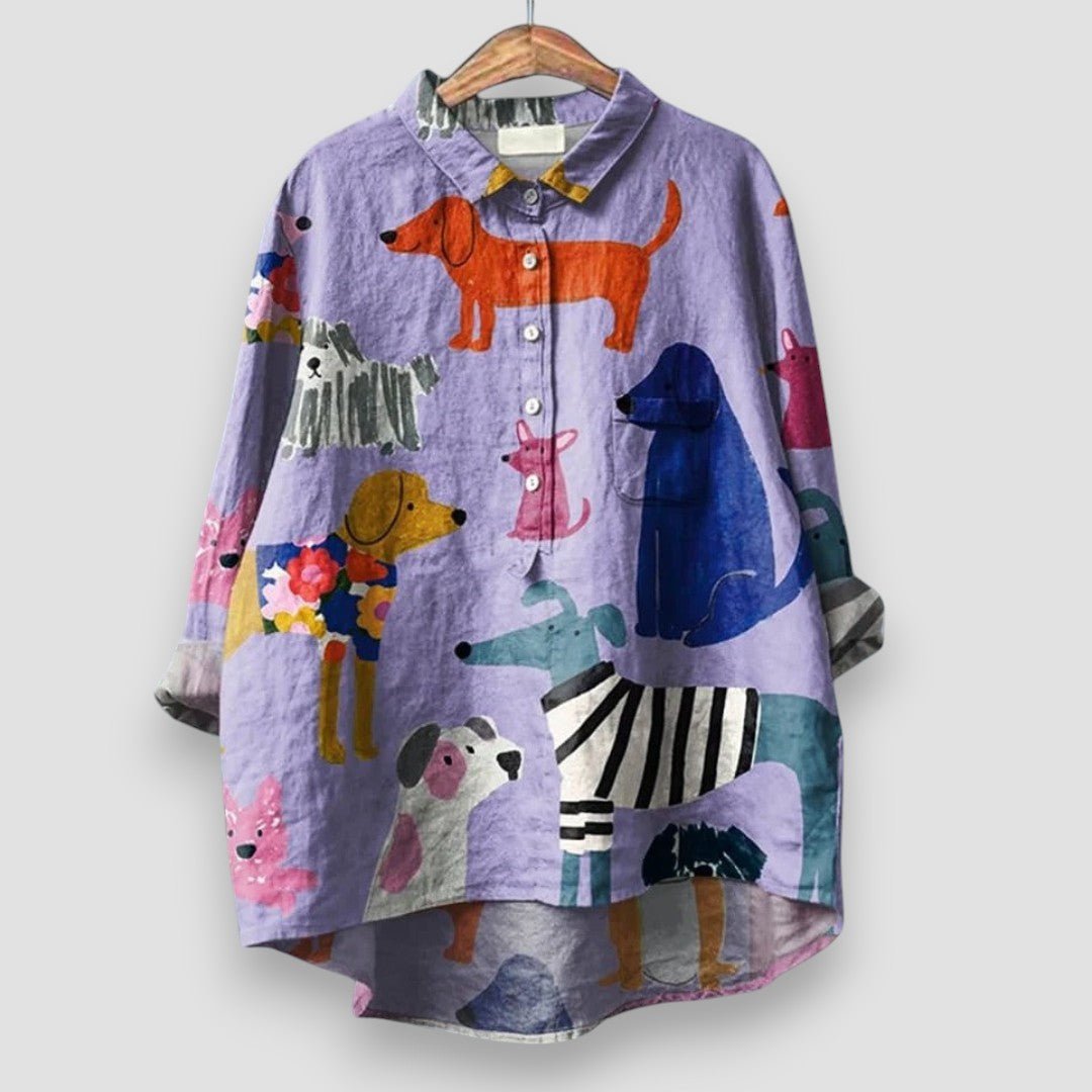 Women's Dog Motif Long Sleeve Collared Shirt