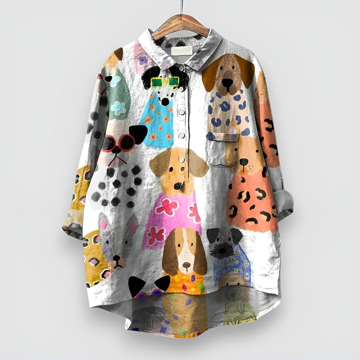 Women's Dog Motif Long Sleeve Collared Shirt