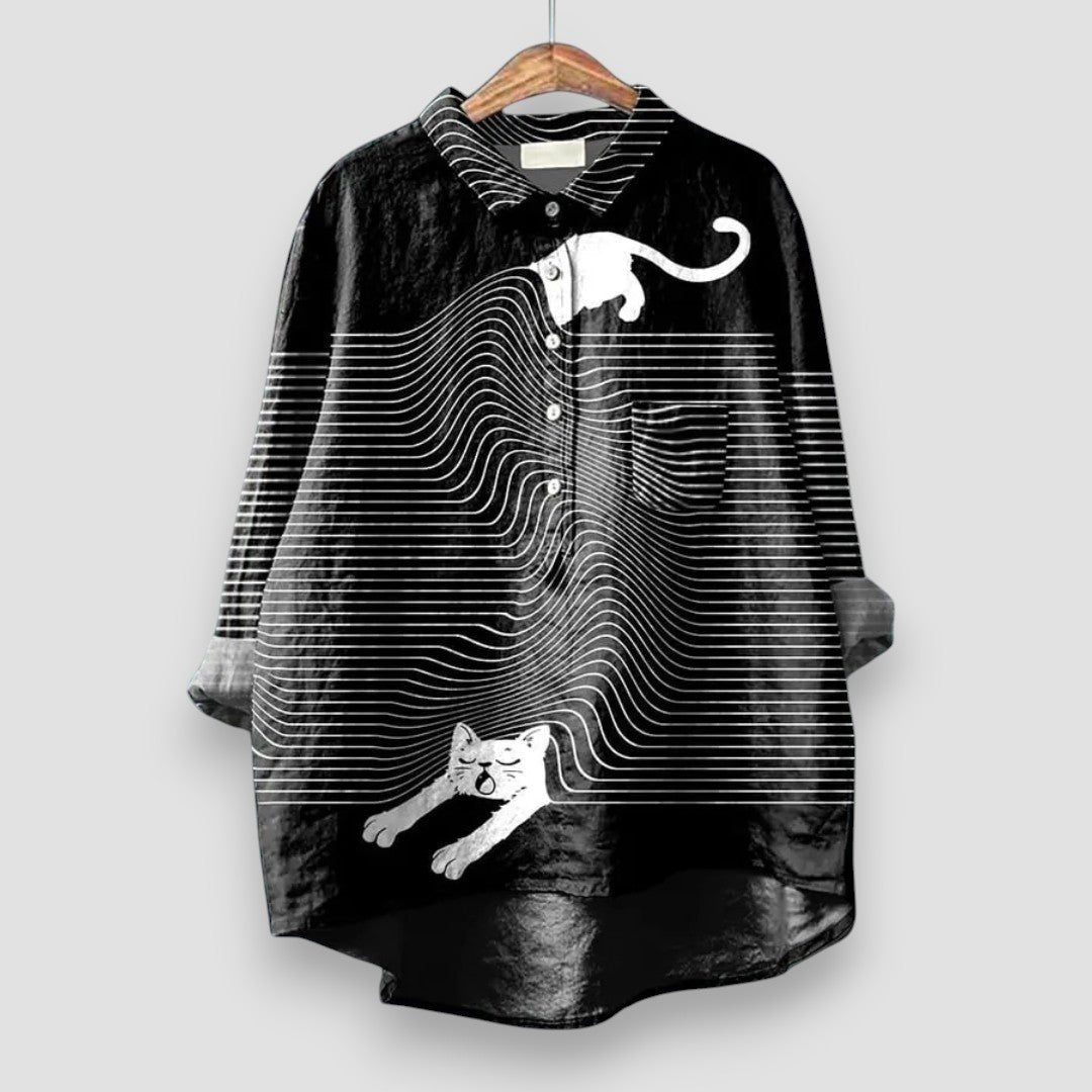 Women's Dog Motif Long Sleeve Collared Shirt