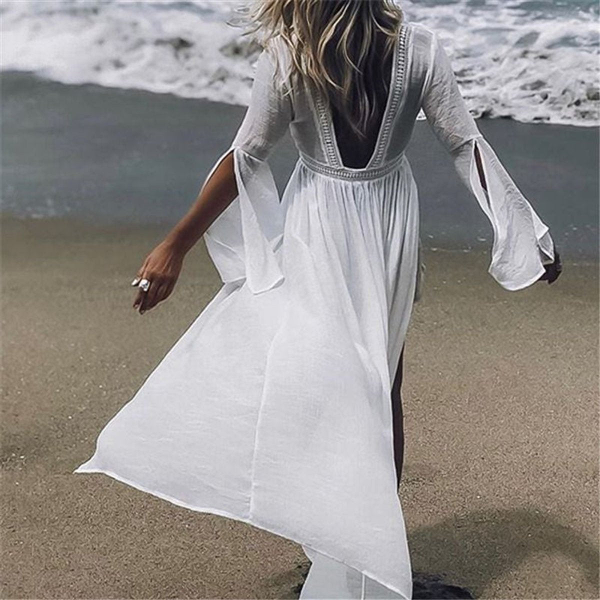 Open-Back Maxi Kimono Tunic Cover-Up