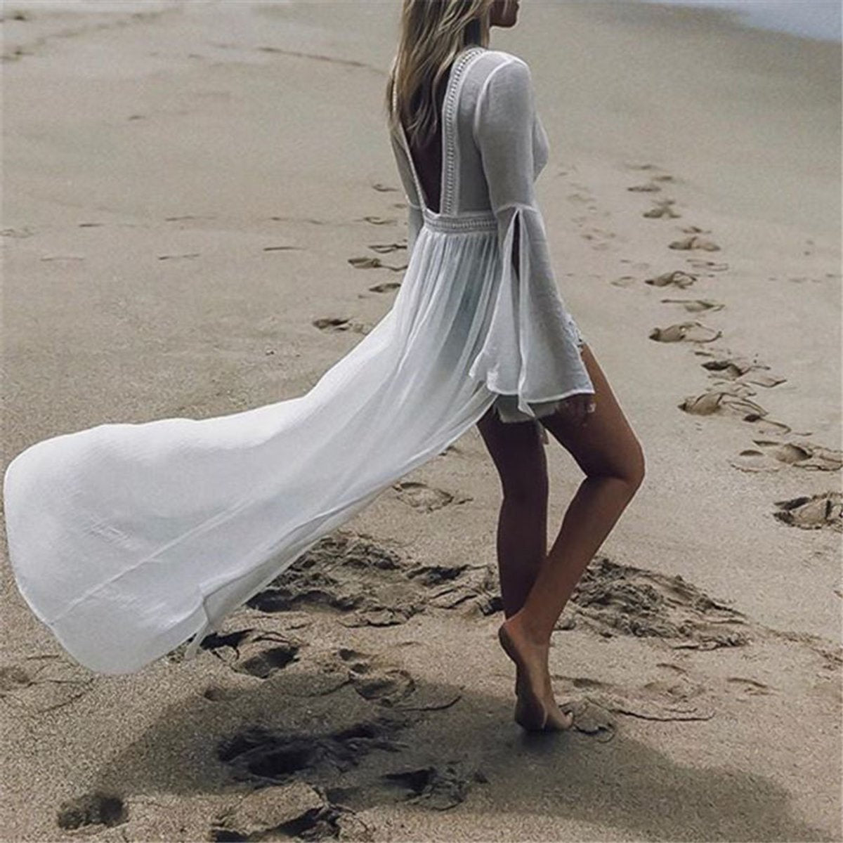 Open-Back Maxi Kimono Tunic Cover-Up