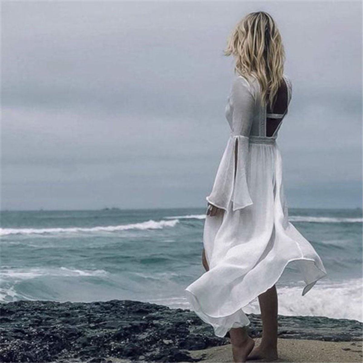 Open-Back Maxi Kimono Tunic Cover-Up