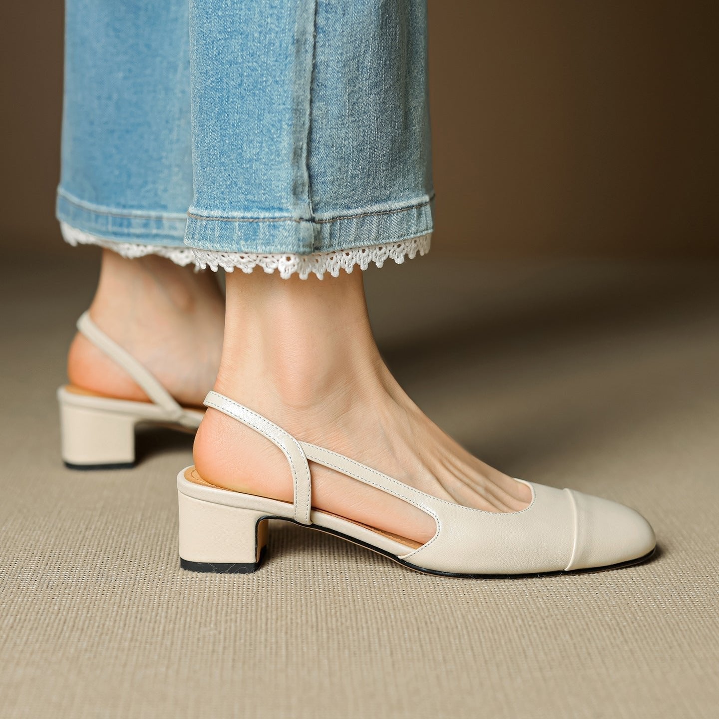 Almond Toe Slingback Pumps with Low Block Heel