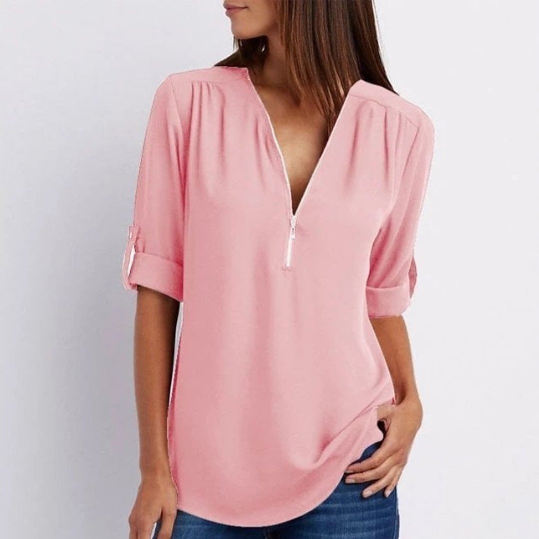 Women's Zip V-Neck Blouse with Roll-Tab Sleeves