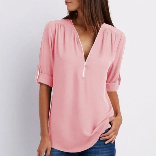Women's Zip V-Neck Blouse with Roll-Tab Sleeves