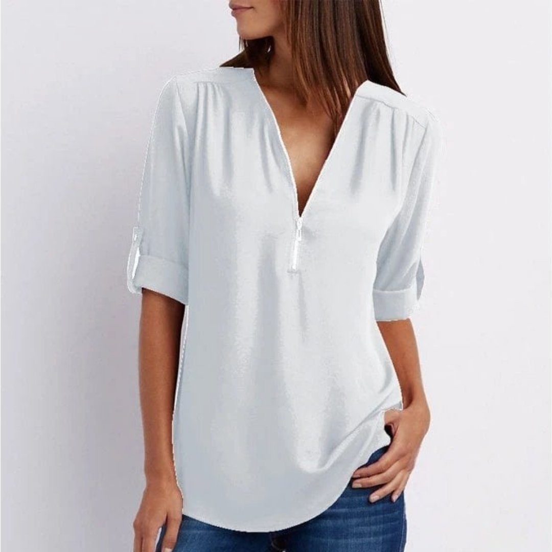Women's Zip V-Neck Blouse with Roll-Tab Sleeves