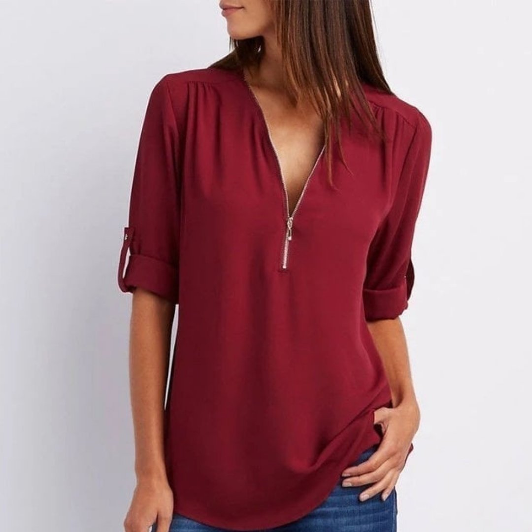 Women's Zip V-Neck Blouse with Roll-Tab Sleeves
