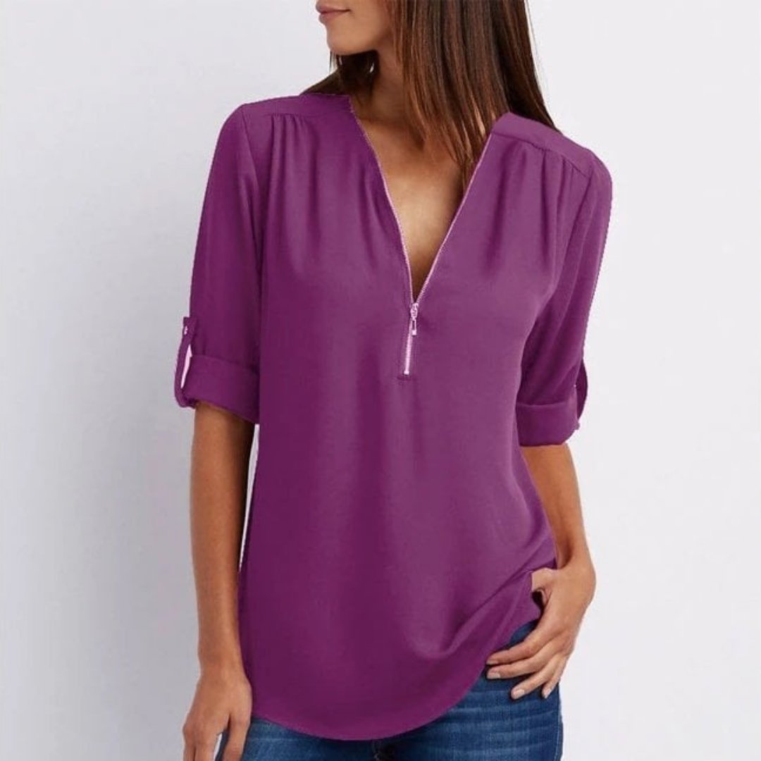 Women's Zip V-Neck Blouse with Roll-Tab Sleeves