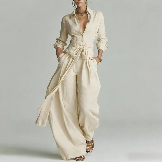 Women's Relaxed Linen Shirt and High-Rise Wide-Leg Pant Set