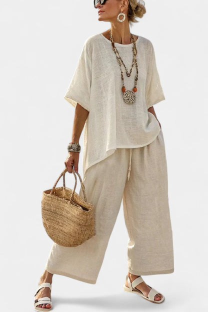 Asymmetric Linen Co-ord with Flowing Wide-Leg Trousers