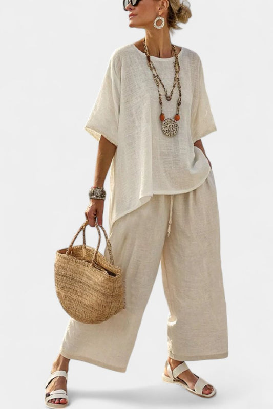 Asymmetric Linen Co-ord with Flowing Wide-Leg Trousers