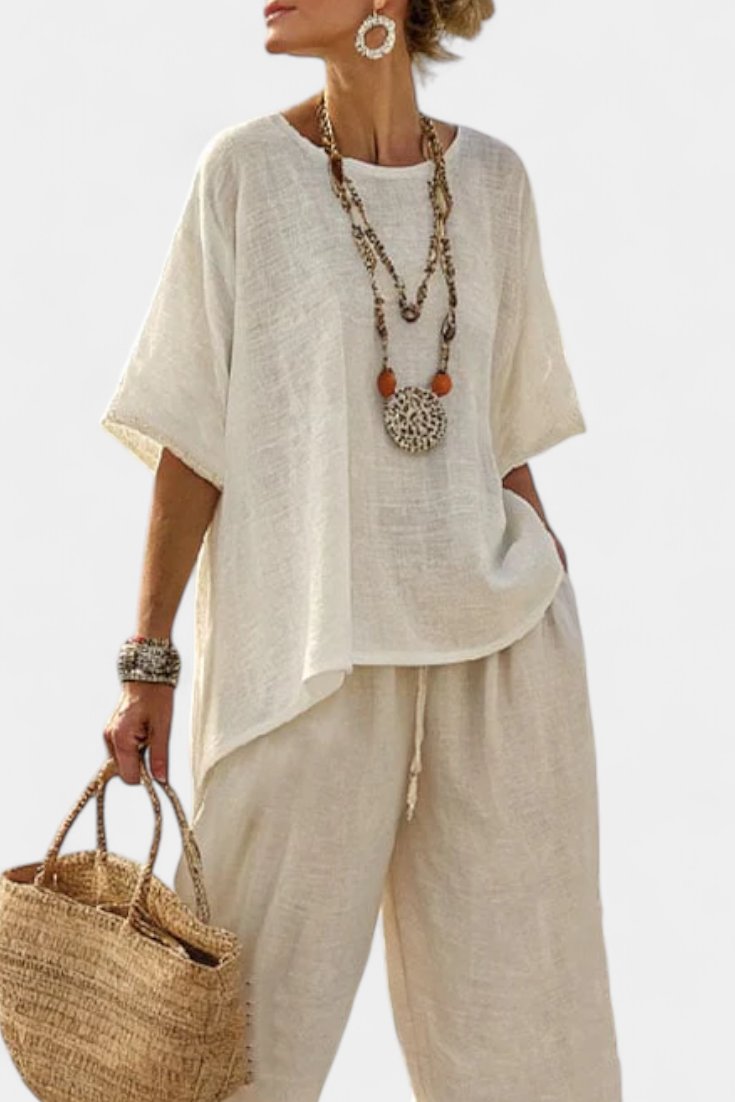 Asymmetric Linen Co-ord with Flowing Wide-Leg Trousers