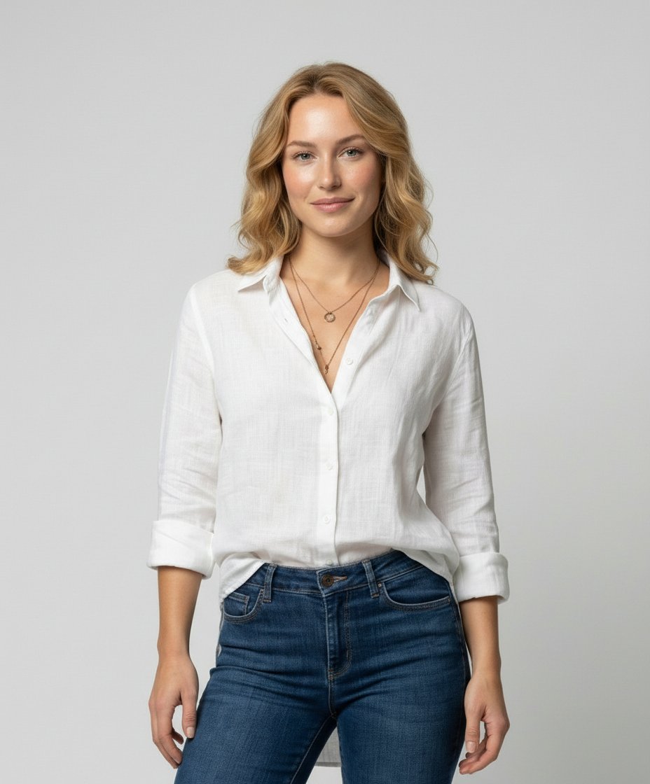 Classic Collar Linen-Blend Blouse with 3/4 Sleeves