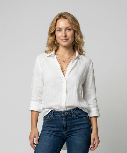 Classic Collar Linen-Blend Blouse with 3/4 Sleeves