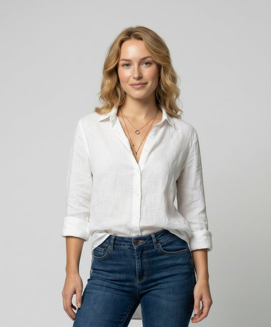 Classic Collar Linen-Blend Blouse with 3/4 Sleeves