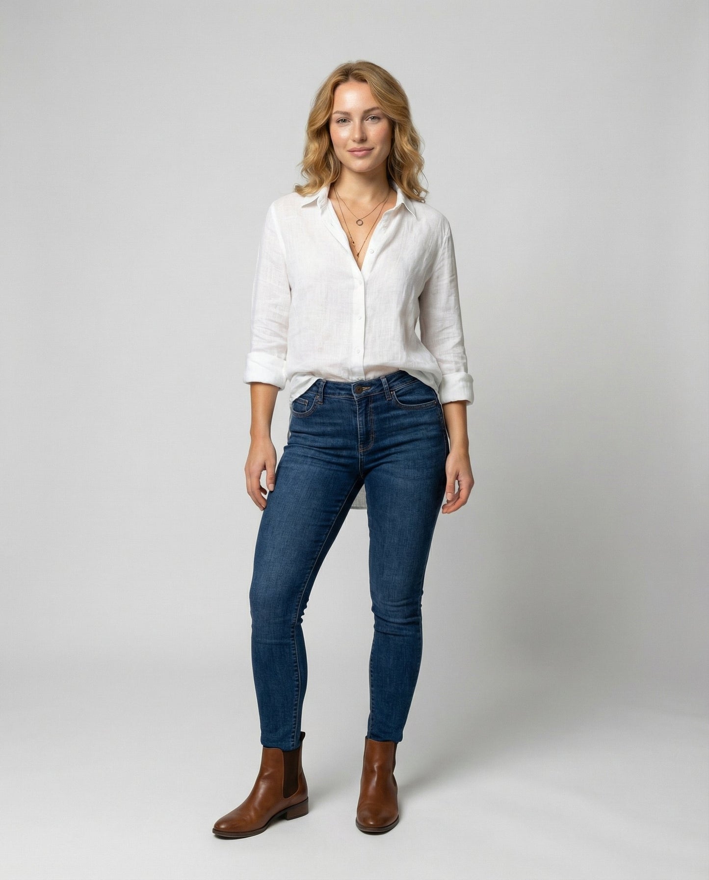 Classic Collar Linen-Blend Blouse with 3/4 Sleeves