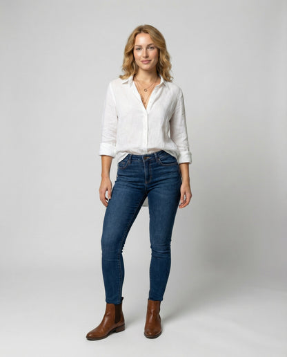 Classic Collar Linen-Blend Blouse with 3/4 Sleeves