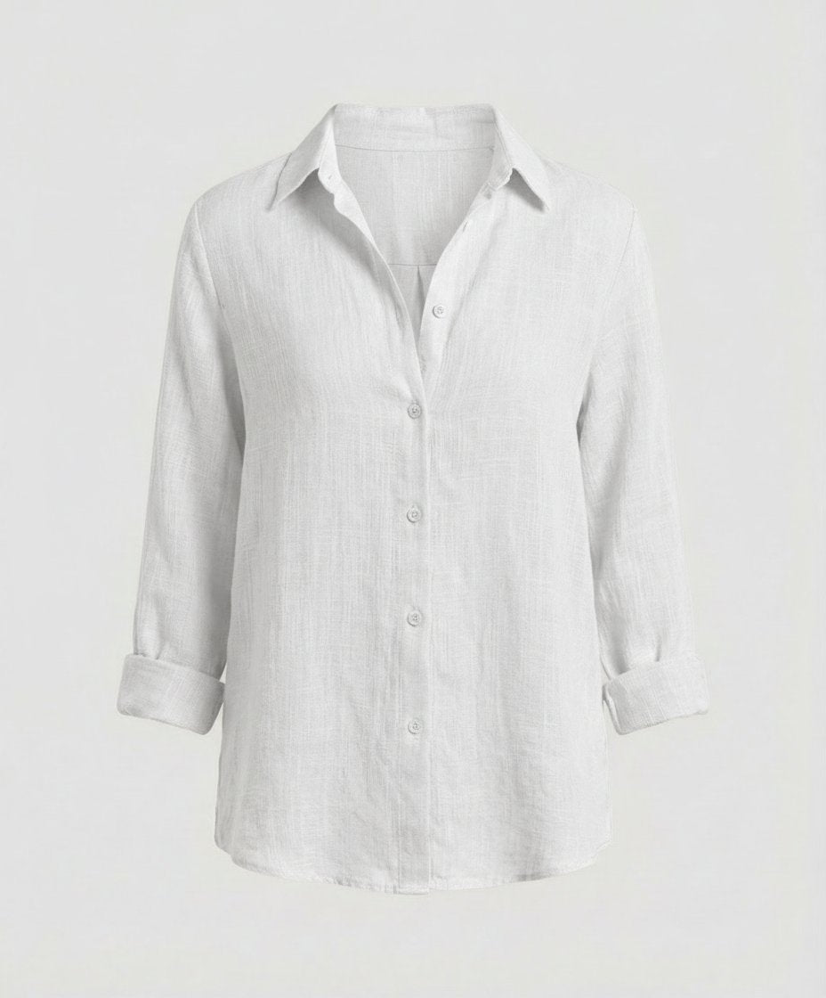 Classic Collar Linen-Blend Blouse with 3/4 Sleeves