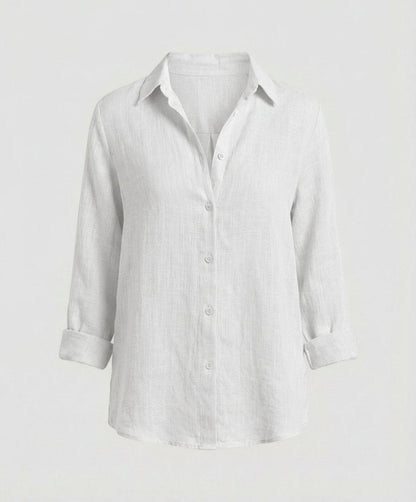 Classic Collar Linen-Blend Blouse with 3/4 Sleeves