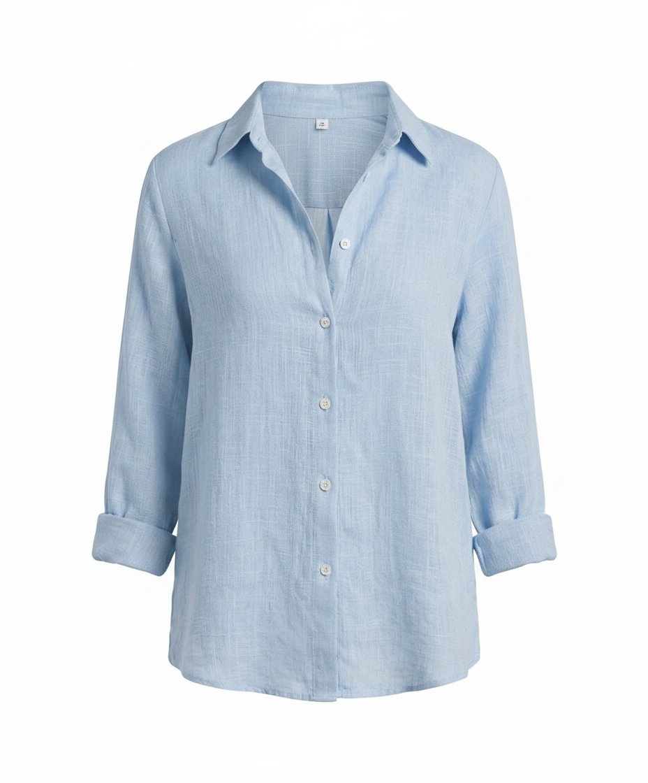 Classic Collar Linen-Blend Blouse with 3/4 Sleeves