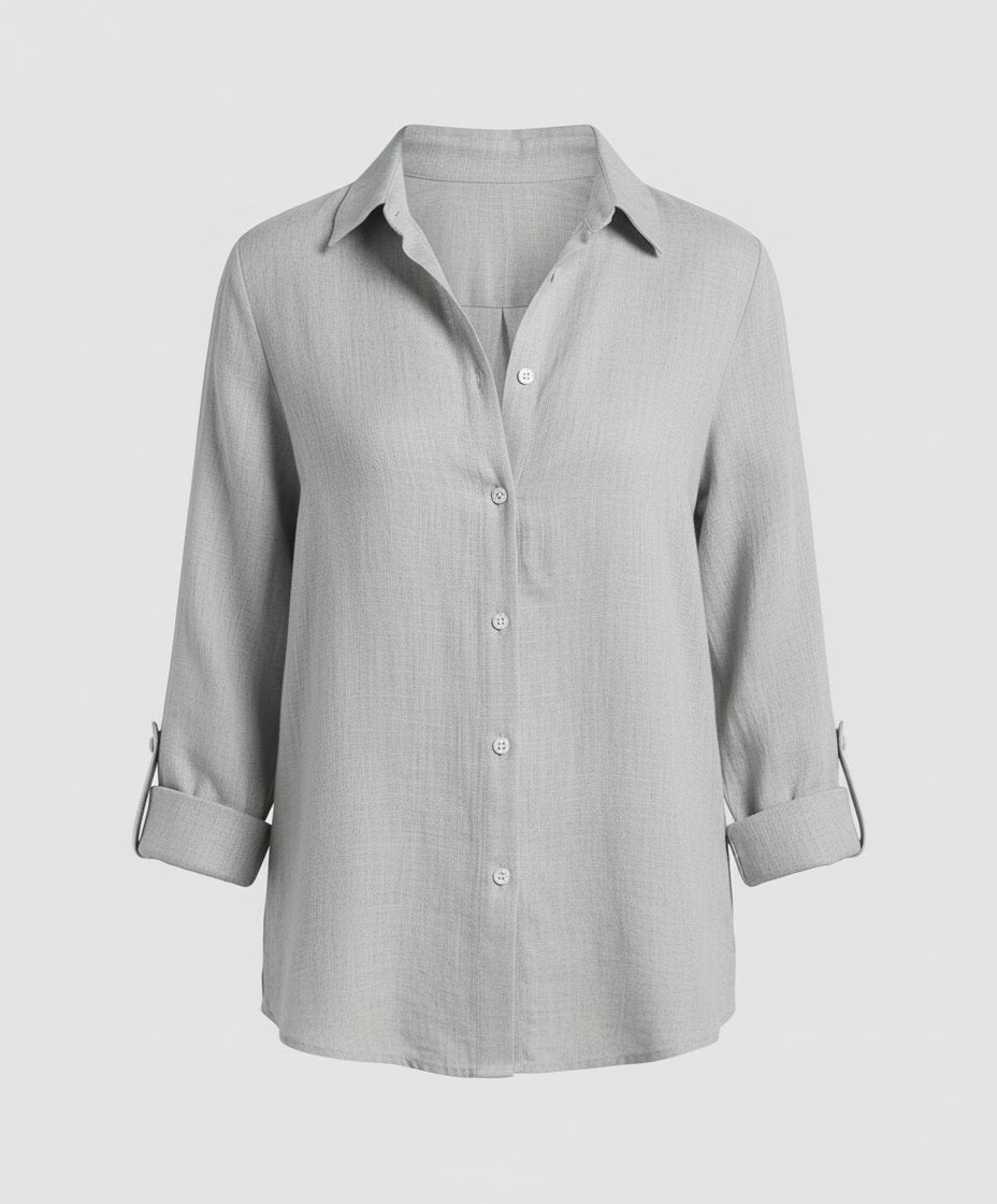 Classic Collar Linen-Blend Blouse with 3/4 Sleeves