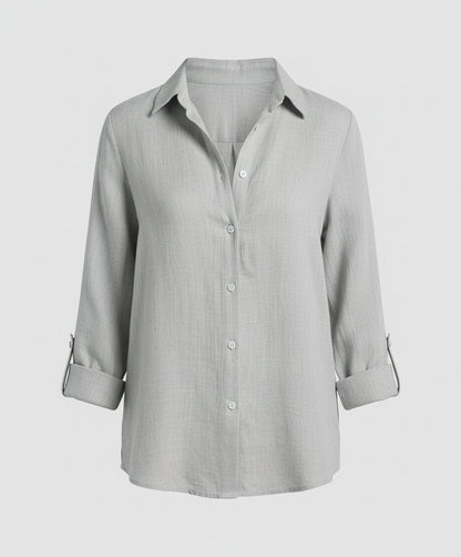 Classic Collar Linen-Blend Blouse with 3/4 Sleeves