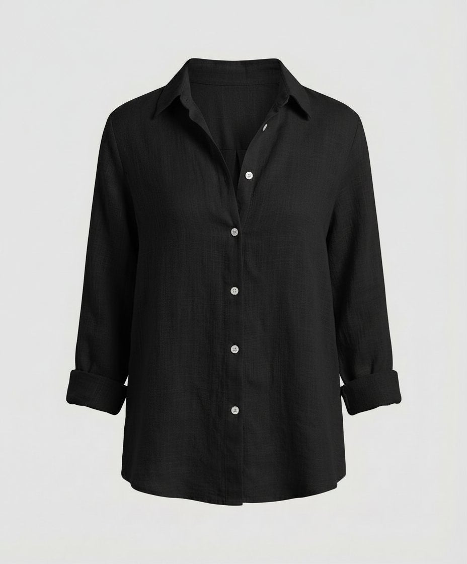 Classic Collar Linen-Blend Blouse with 3/4 Sleeves