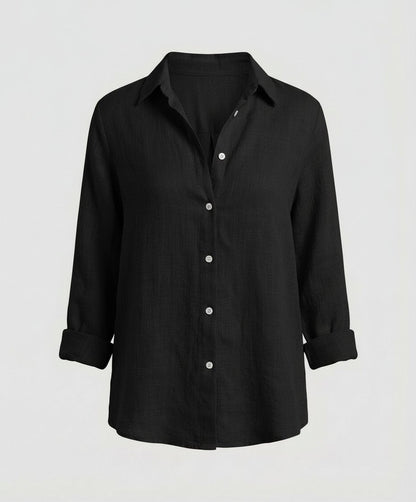 Classic Collar Linen-Blend Blouse with 3/4 Sleeves
