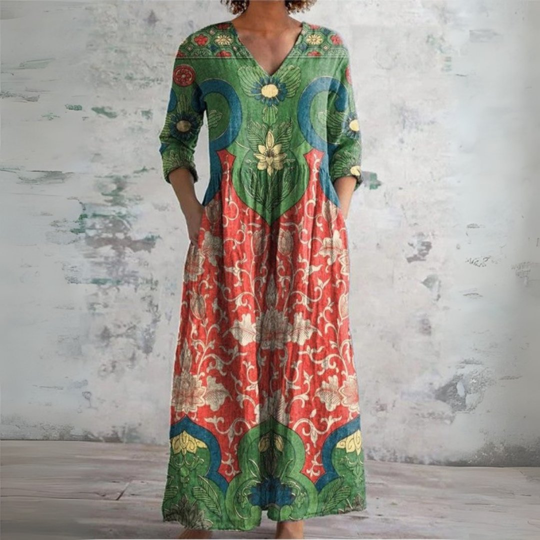 Artisan Print V-Neck Linen Maxi Dress