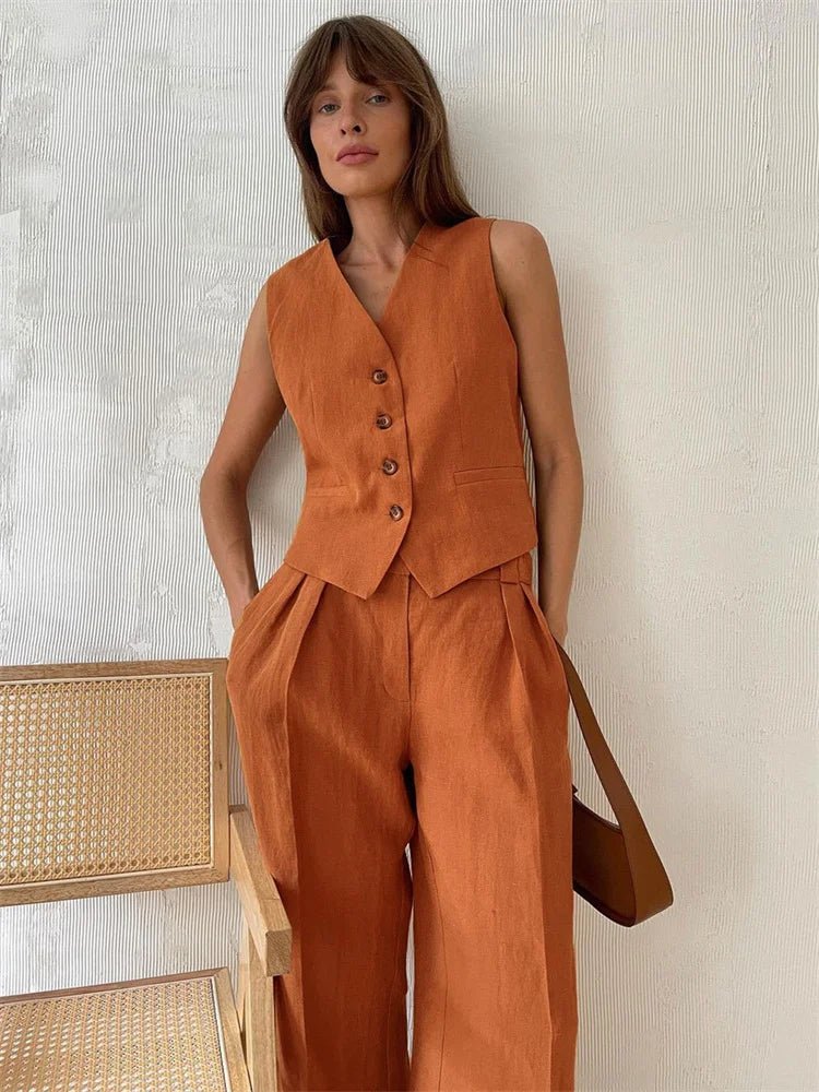 Tailored Linen-Blend Blazer and Wide-Leg Trouser Suit Set