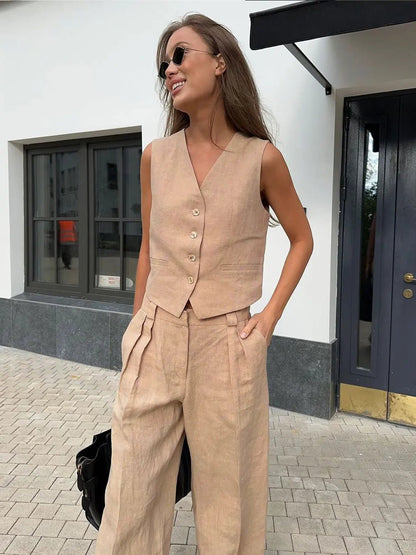 Tailored Linen-Blend Blazer and Wide-Leg Trouser Suit Set