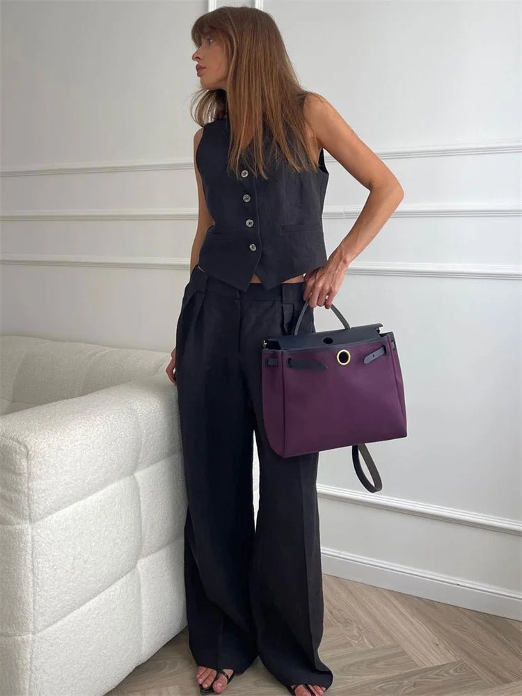 Tailored Linen-Blend Blazer and Wide-Leg Trouser Suit Set