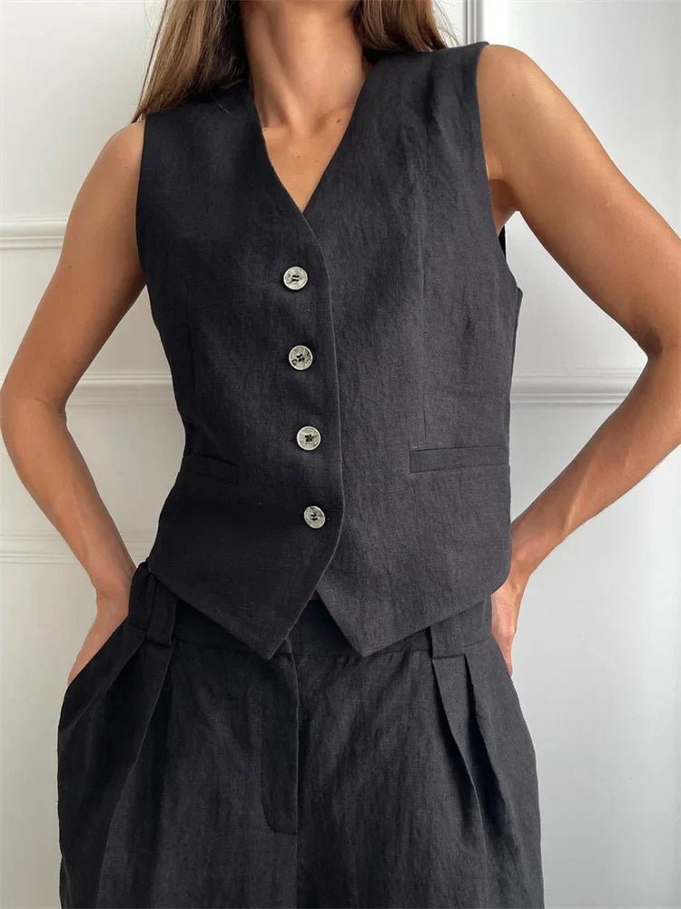 Tailored Linen-Blend Blazer and Wide-Leg Trouser Suit Set