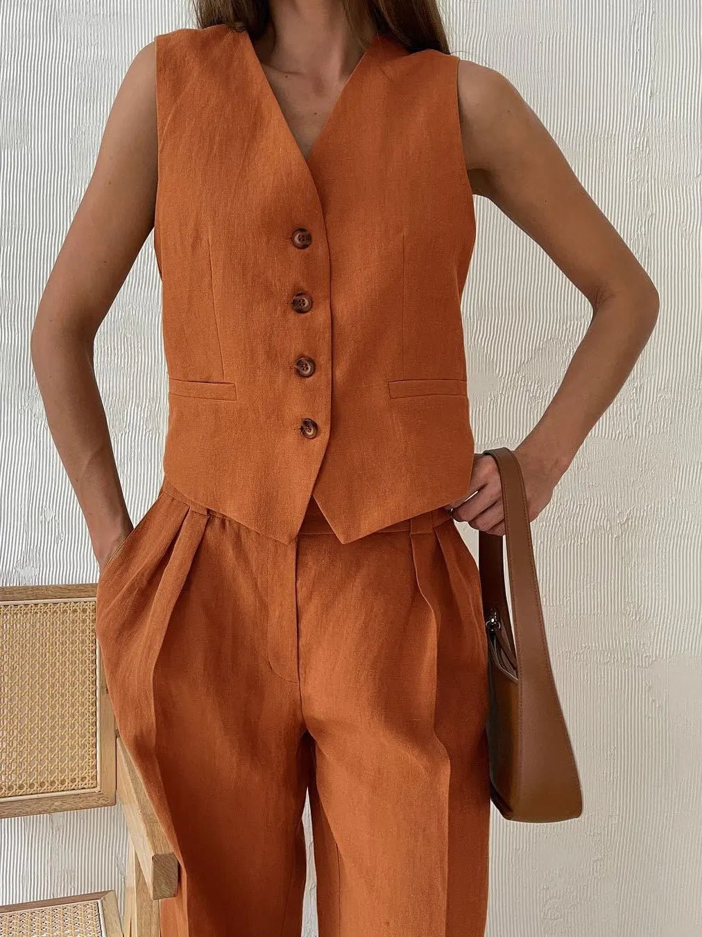 Tailored Linen-Blend Blazer and Wide-Leg Trouser Suit Set