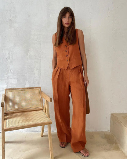 Tailored Linen-Blend Blazer and Wide-Leg Trouser Suit Set