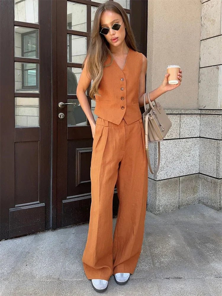 Tailored Linen-Blend Blazer and Wide-Leg Trouser Suit Set