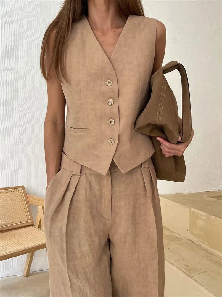 Tailored Linen-Blend Blazer and Wide-Leg Trouser Suit Set