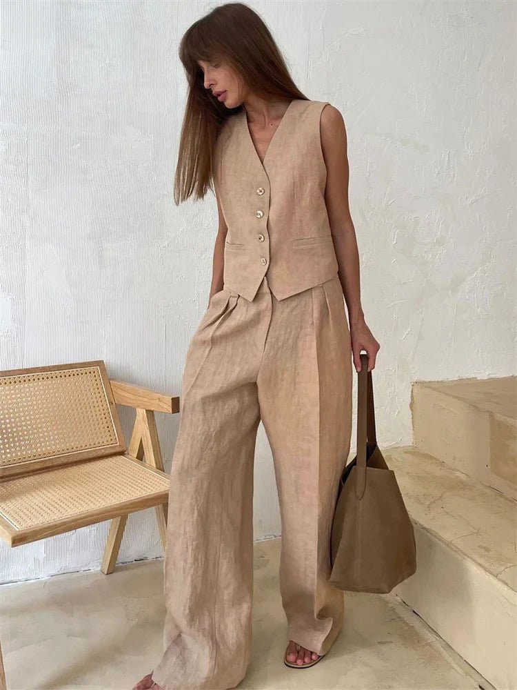 Tailored Linen-Blend Blazer and Wide-Leg Trouser Suit Set