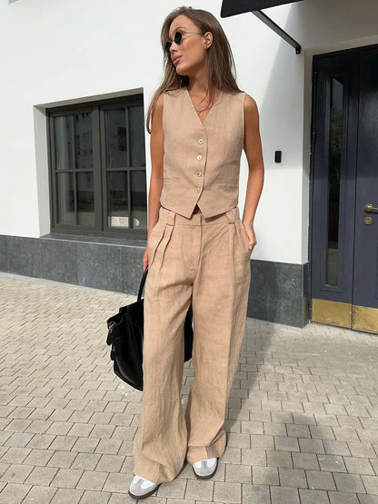 Tailored Linen-Blend Blazer and Wide-Leg Trouser Suit Set