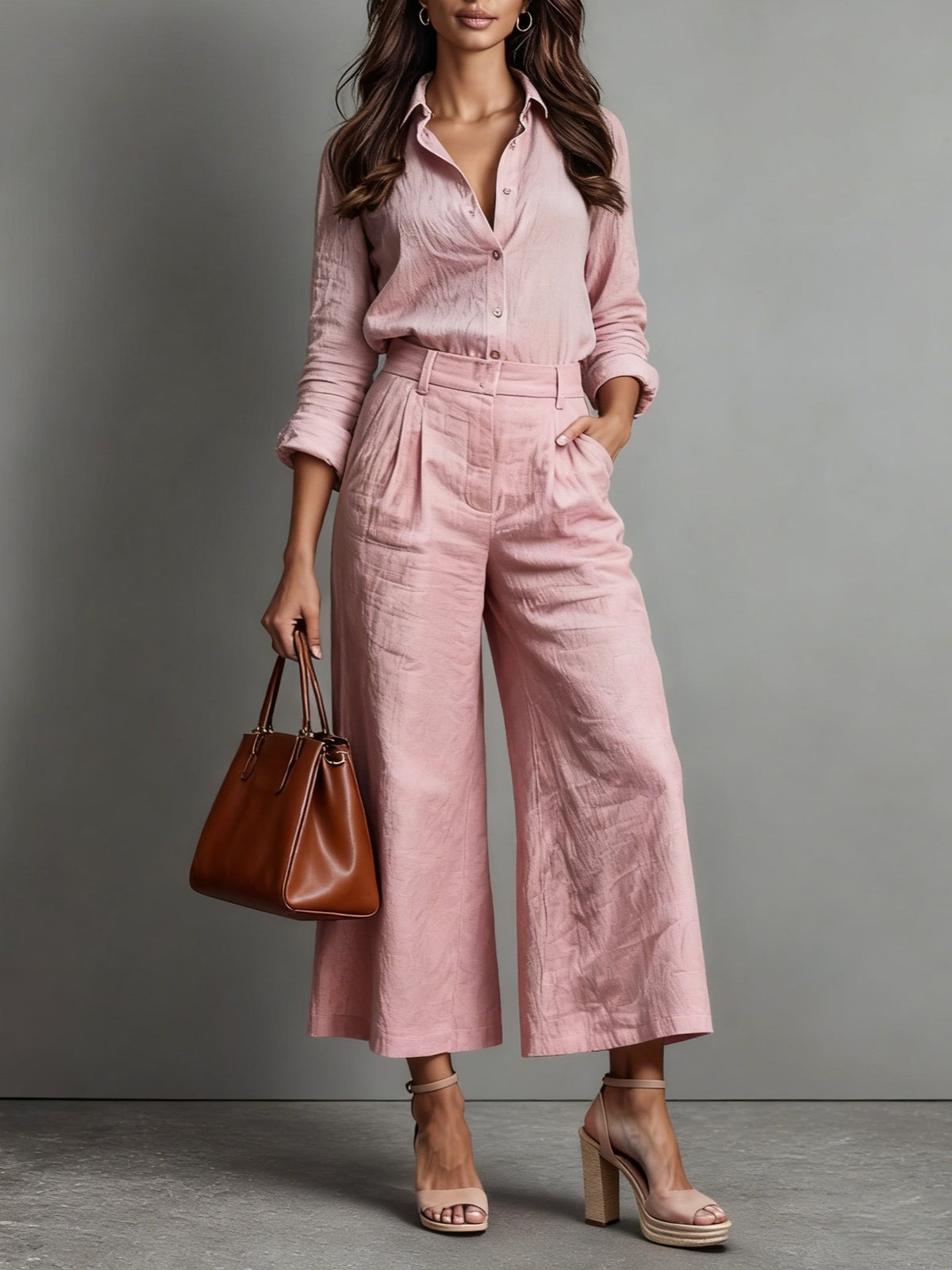 Linen Blend Button-Down Shirt and Wide-Leg Pants Set