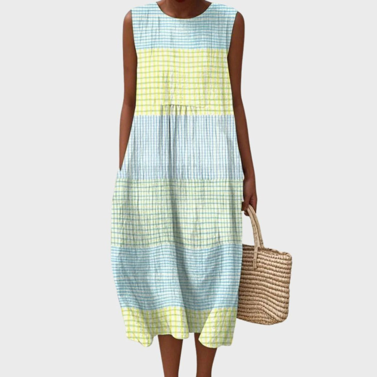Check Pattern Linen Sleeveless Midi Dress