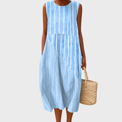 Check Pattern Linen Sleeveless Midi Dress